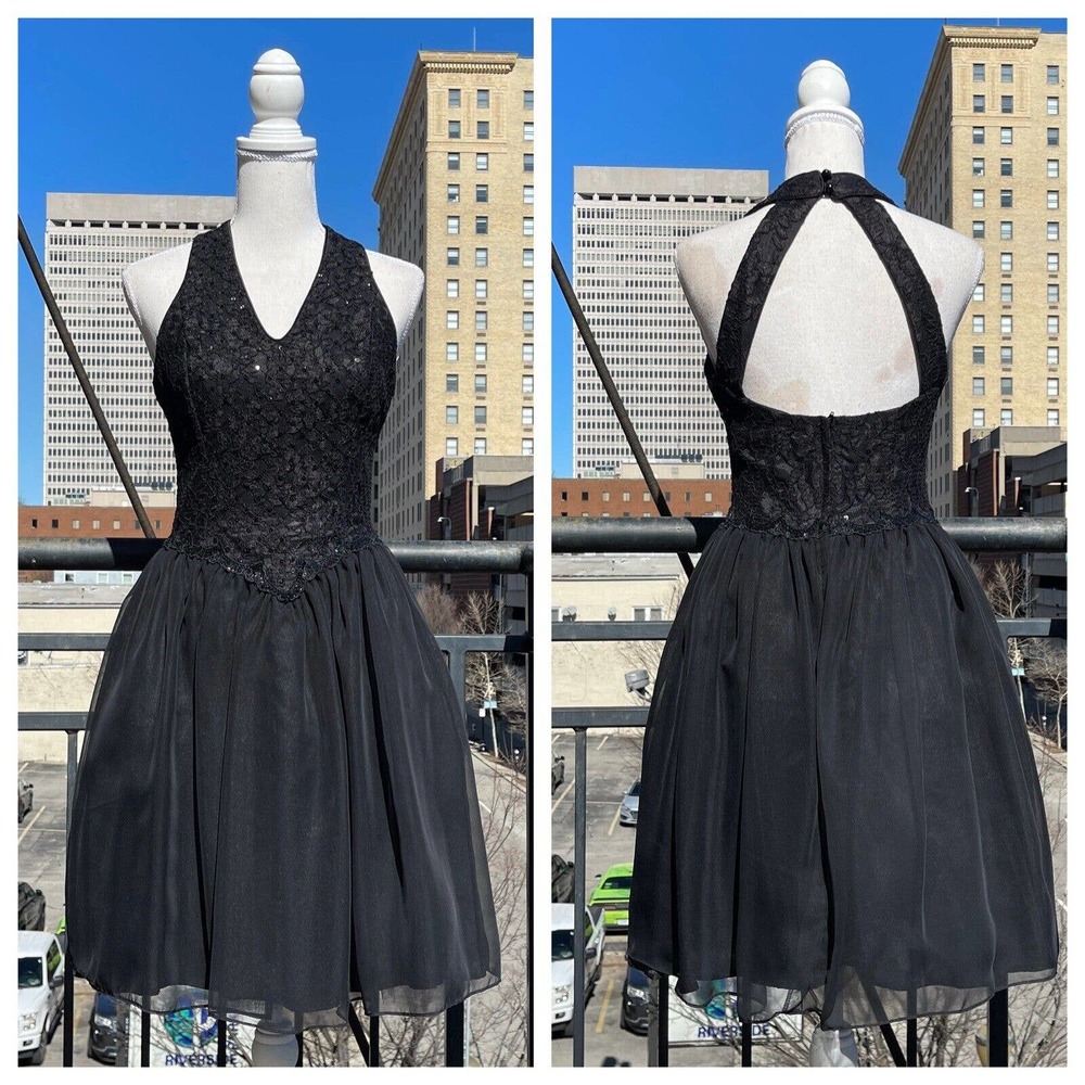 Vintage 80s 90s Mini Dress Black Beaded Scott McClintock Sleeveless Formal XXS